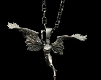 Icarus Necklace, Wax Wings Pendant, Fallen Angel Jewelry, Sterling Silver Gold