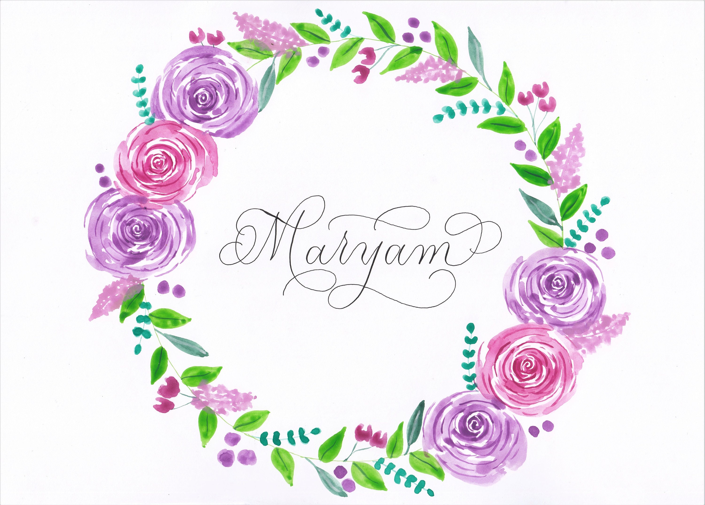 Personalised Watercolour Floral Wreath Calligraphy Name - Etsy.de