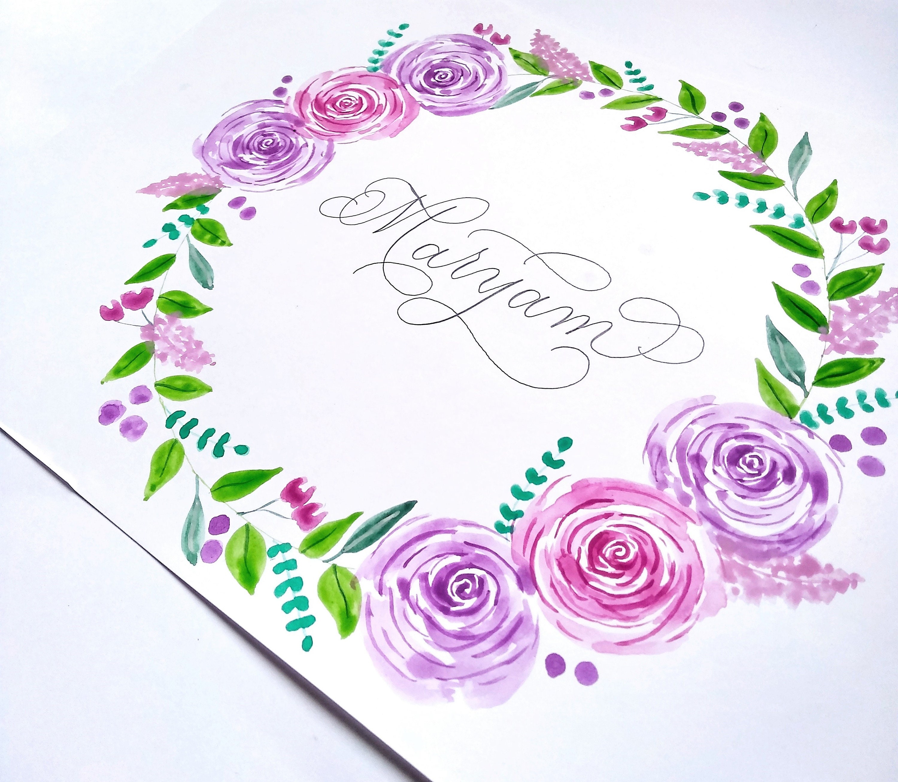 Personalised Watercolour Floral Wreath Calligraphy Name - Etsy.de