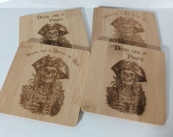 Drunk Pirate drink Coaster set of 4 coaster bamboo, slate, cork