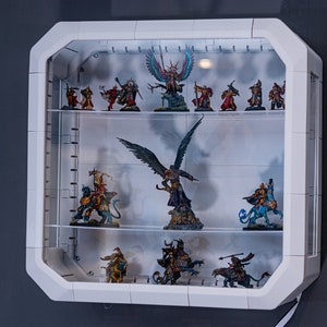Könnte beinhalten: Ein weißer Schaukasten mit mehreren Regalen, der eine Sammlung von Fantasy-Figuren zeigt. Die Figuren sind in verschiedenen Farben bemalt und zeigen Charaktere mit Flügeln, Rüstungen und Waffen. Der Schrank ist an einer grauen Wand befestigt.