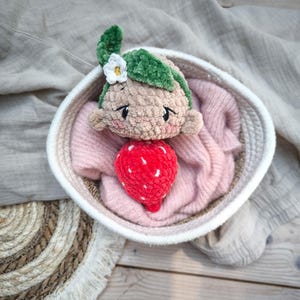 May include: A handmade crochet strawberry doll with a green leaf and white flower crown, nestled in a woven basket with a pink blanket. The doll has a tan face, black eyes, and a red strawberry body.