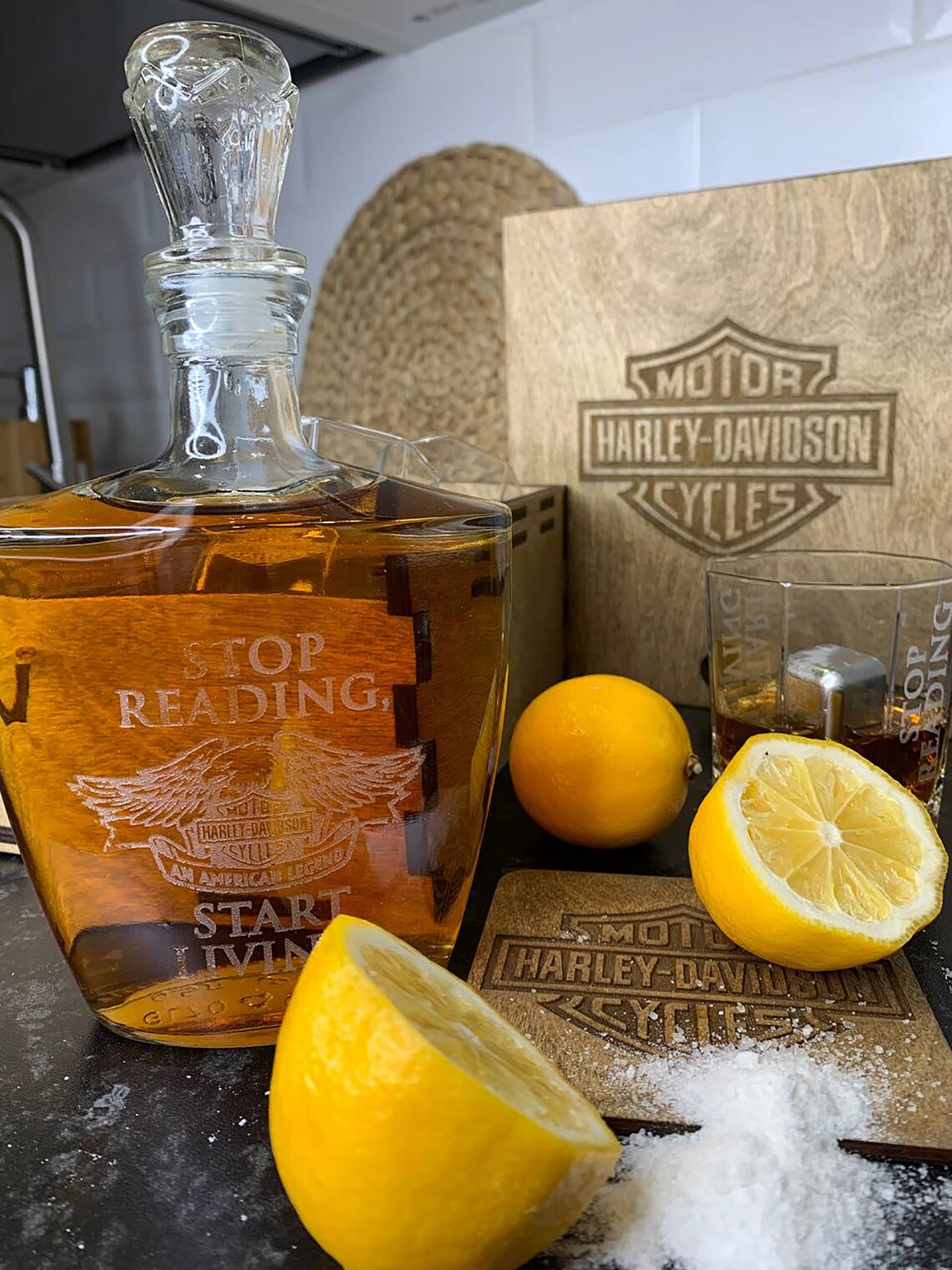 Harley Davidson whiskey gift set glass decanter coaster Etsy