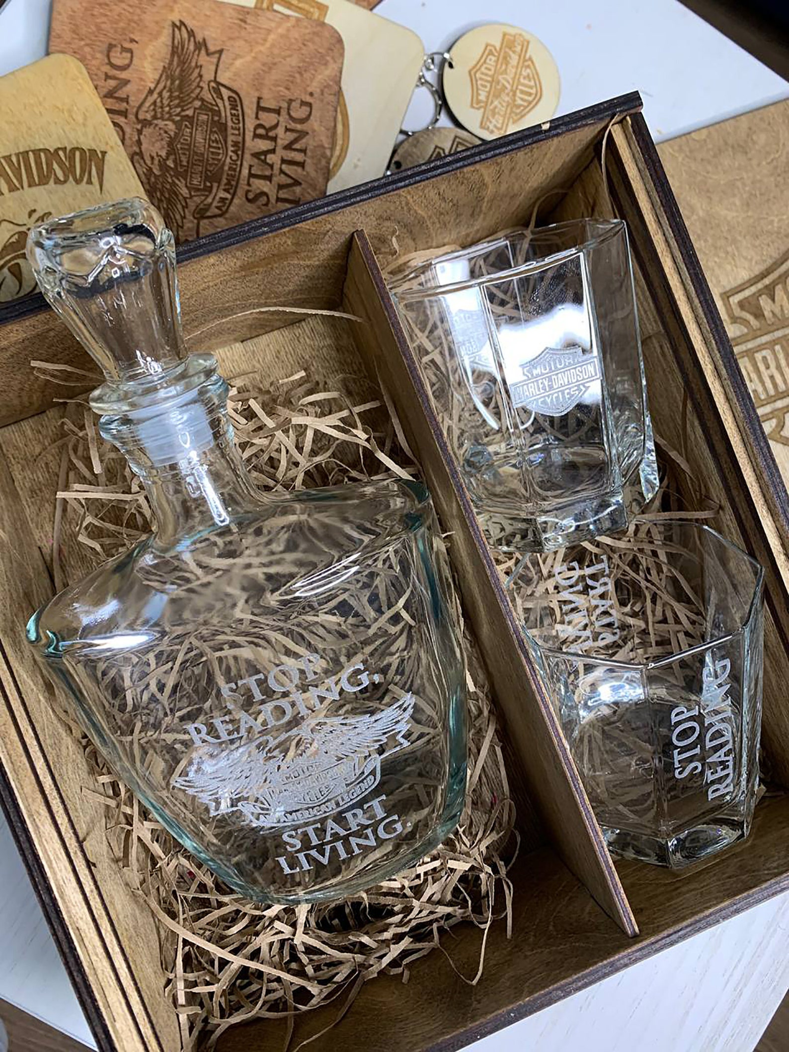Harley Davidson whiskey gift set glass decanter coaster Etsy