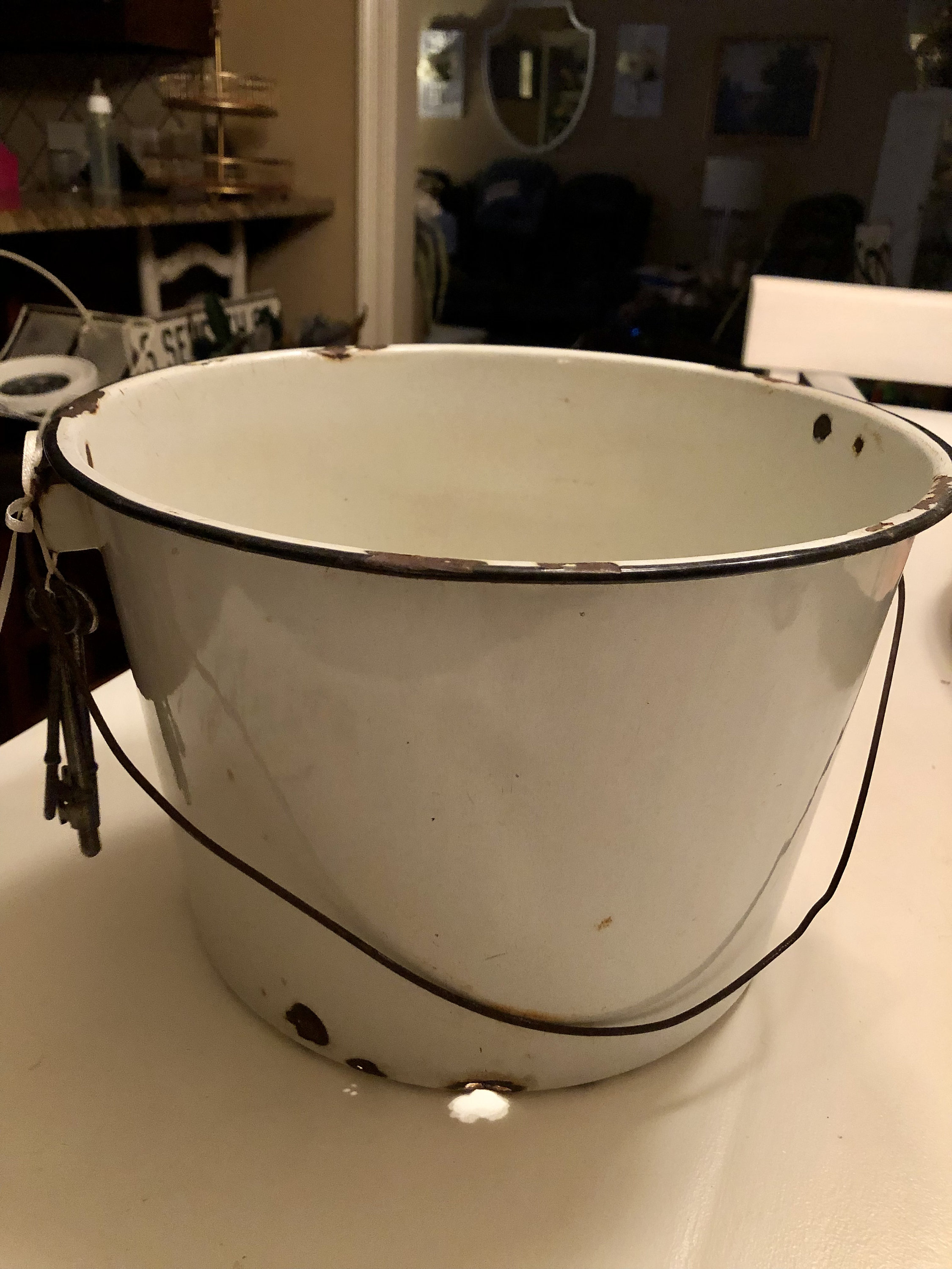 Vintage White Enamelware Bucket with old keys Etsy