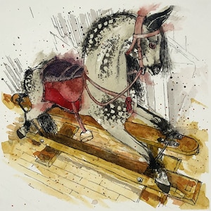 May include: A watercolour painting of a rocking horse with a grey and white spotted body, a red saddle, and a brown leather bridle. The horse is on a wooden rocking base.