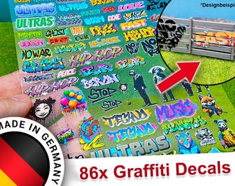 86 graffiti tags, art stickers, street art stickers, opaque, suitable for H0, N and TT scales.
