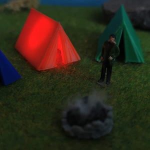 Set of 3 illuminated tents H0 with LED fire flickering camping for model railway for TT and 1:87