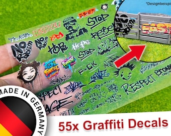 55 Stück Decals Graffiti Tags Kunst Sticker Streetart Aufkleber deckend passend für Spur H0, N und TT