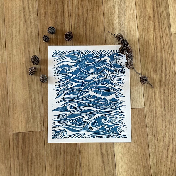 Abstract Ocean original lino print | Linocut | original art | blue | marine | Handprinted |