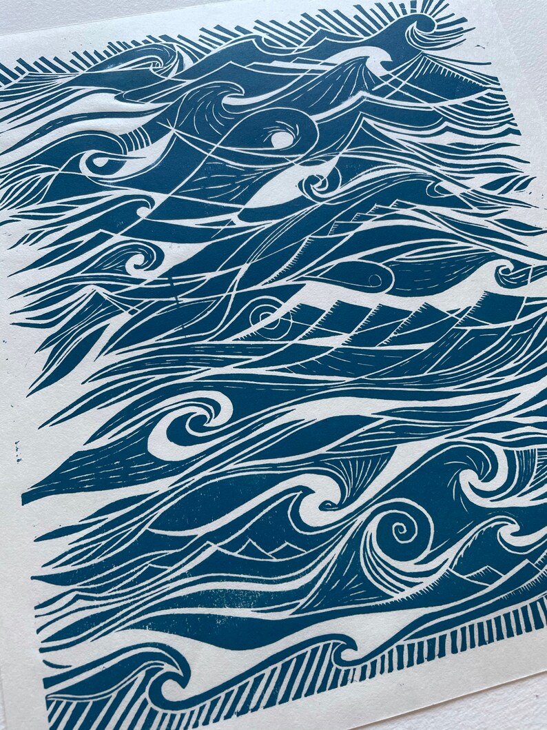 Abstract Ocean Original linocut print Turquoise Etsy