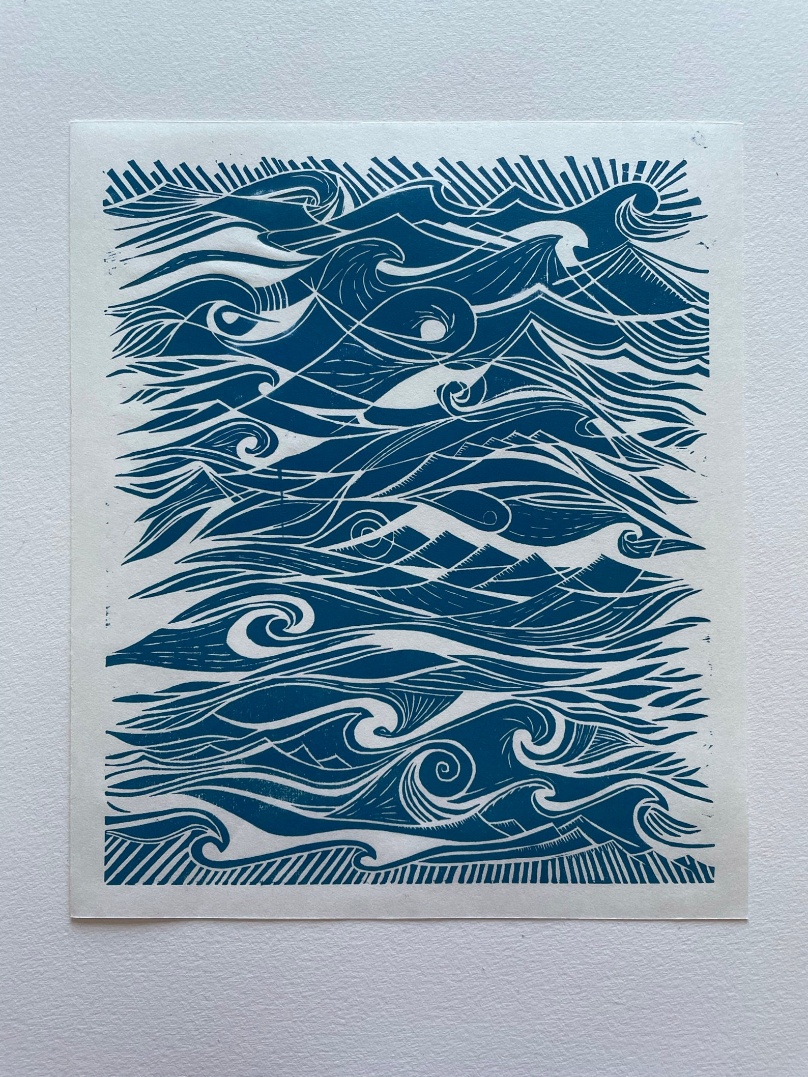 Abstract Ocean Original linocut print Turquoise Etsy