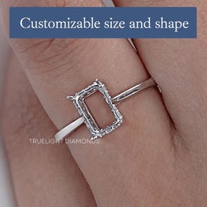 Emerald Cut Lab Diamond Semi Mount Ring / Hidden Halo Man Made Diamond Engagement Ring / Prong Set CVD Diamond Proposal Ring / Wedding Gift