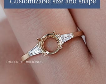 Round Shape Semi Mount Ring / 14K Yellow Gold Women's Ring / Tapered Baguette Cut Side Diamond Blank Ring / EF-VS Diamond Proposal Ring