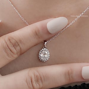 Oval Cut Lab Diamond Halo Solitaire Necklace / 14K Solid Gold CVD Diamond Wedding Necklace / Conflict Free Diamond  Dainty Necklace For Her