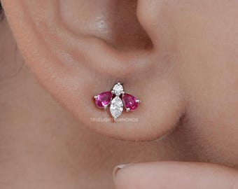 Pear Cut Lab Gemstone Cluster Stud Earrings /  EF-VS Diamond Bridal Earrings / Marquise & Round Lab Diamond Earrings / Birthday Gift For Her