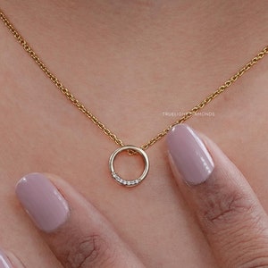 Round Cut Lab Diamond Open Circle Necklace / 14K Yellow Gold CVD Diamond Circle Necklace / Hand Made Diamond Minimal Necklace For Love