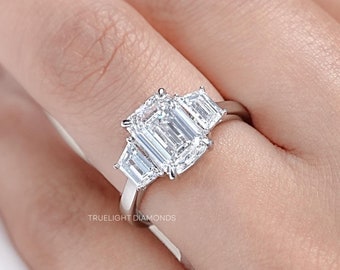 2.50 CT Emerald Cut Lab Diamond Three Stone Ring / Step Cut Trapezoid Side Diamond Trilogy Ring / Conflict Free Diamond Wedding Ring