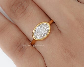Oval Cut CVD Diamond East West Solitaire Ring / Conflict Free Diamond Bezel Set Promise Ring / Eco Friendly Diamond Wedding Ring For Her