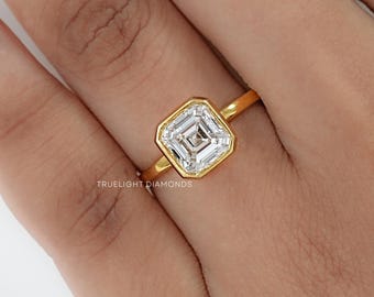 0.50 To 3.00 CT Asscher Cut Lab Diamond Solitaire Ring / 14K Solid Gold Bezel Engagement Ring / Conflict Free Diamond Proposal Ring For Her
