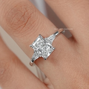 14K Solid Gold Three Stone Ring / IGI Certified Radiant With Side Tapered Baguette Cut Lab Diamond Engagement Ring / Bridesmaid Gifts