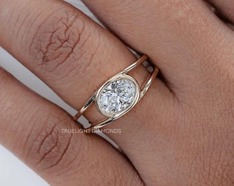 East West Oval Lab Diamond Engagement Ring / Bezel Set Hand Made Diamond Solitaire Ring / 10K Solid Gold Diamond Wedding Ring / Bridal Gift