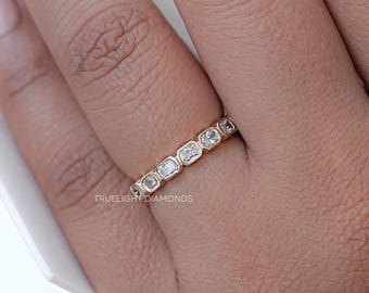 East West Radiant Lab Diamond Wedding Band / Bezel Set Man Made Diamond Bridal Band / 10K Solid Gold CVD Diamond Eternity Band / Custom Gift