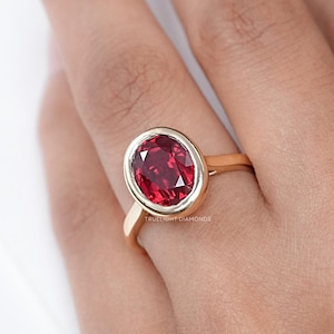 0.50 - 5.00 CT Oval Cut Lab Grown Ruby Solitaire Engagement Ring / 14K Yellow Gold July Birthstone Ring / Bezel Set Gemstone Ring For Her