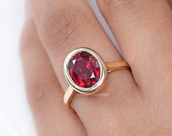 0.50 - 5.00 CT Oval Cut Lab Grown Ruby Solitaire Engagement Ring / 14K Yellow Gold July Birthstone Ring / Bezel Set Gemstone Ring For Her