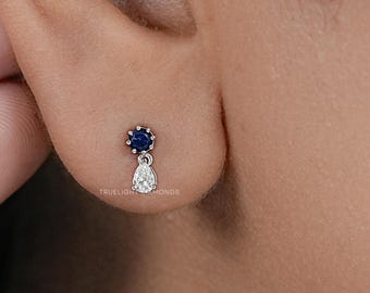 Pear Cut Lab Grown Diamond Dainty Earrings / Round Cut Tiny Sapphire Blue Teardrop Earrings / Lab Created Gemstone Earrings For Bridal Gift