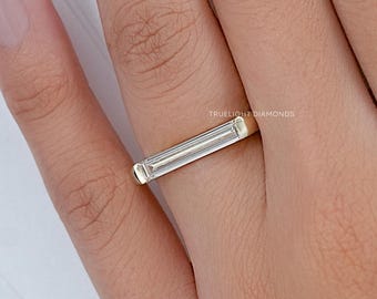 East West Baguette Cut Lab Grown Diamond Solitaire Signet Ring / Man Made Diamond Tension Set Engagement Ring / Anniversary Gift For Her
