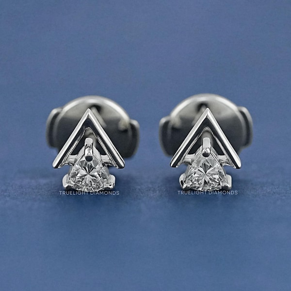 Trillion Cut Lab Grown Diamond Tiny Stud Earrings / Conflict Free Diamond Guardian Back 14K Solid Gold Earrings / Maid Of Honor Gift For Her