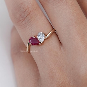 Pear Cut Lab Grown Diamond Two Stone Engagement Ring / Double Stone Anniversary Ring For Her / 14K Yellow Gold Gemstone Customized Ring