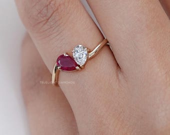 Pear Cut Lab Grown Diamond Two Stone Engagement Ring / Double Stone Anniversary Ring For Her / 14K Yellow Gold Gemstone Customized Ring