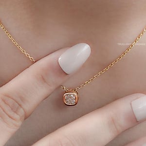 Cushion Cut Lab Grown Diamond Solitaire Necklace / Eco Friendly Diamond Bezel Necklace / Hand Made Diamond Bridal Necklace For Wedding Gift