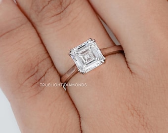 Asscher Cut Lab Diamond Solitaire Engagement Ring / 14K Solid Gold Promise Ring For Her / Hand Made Diamond Customized Wedding Ring