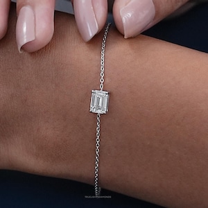 0.50 To 3.00 CT Emerald Cut Lab Grown Diamond Solitaire Bracelet / 14K Solid Gold Love Bracelet / Hand Made Diamond Bracelet For Wife