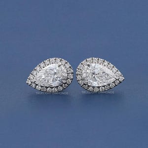 Pear Cut Lab Diamond Wedding Earrings / Round Cut Eco Friendly Diamond Halo Earrings / Conflict Free Diamond Screw Back Stud Earrings