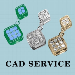 May include: Three pairs of earrings with square-shaped settings, each with a different metal finish: green, silver, and gold. Each setting is adorned with small, clear stones. The text "CAD SERVICE" is displayed below the earrings.