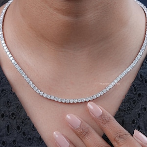 Round Cut Eco Friendly Diamond Tennis Necklace / Hand Made Diamond Wedding Necklace / 14K Solid Gold Lab Grown Diamond Bridal Necklace