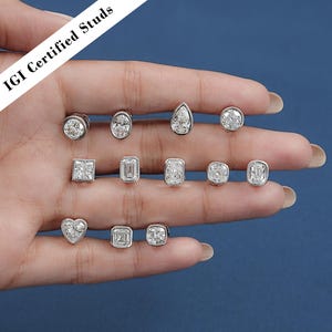 IGI Certified Lab Grown Diamond Solitaire Studs / 2.00 TCW Bezel Set Stud Everyday Earrings / Multi Shape Minimalist Earrings For Her