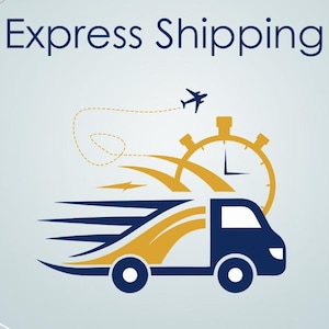 Op de afbeelding: Een blauwe vrachtwagen met een gele streep en een stopwatch met een vliegtuig erboven. De tekst "Express Shipping" staat bovenaan de afbeelding.