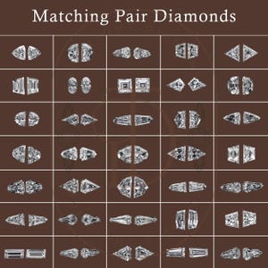 May include: A chart showing 25 different pairs of matching diamonds. The diamonds are arranged in rows and columns, and each pair is labeled with a different shape. The shapes include round, oval, pear, marquise, emerald, princess, and heart.