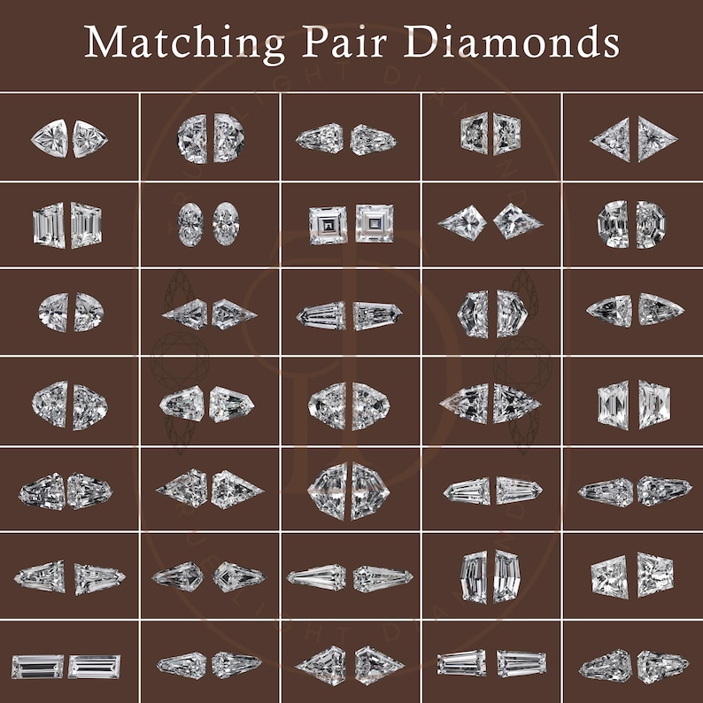 May include: A chart showing 25 different pairs of matching diamonds. The diamonds are arranged in rows and columns, and each pair is labeled with a different shape. The shapes include round, oval, pear, marquise, emerald, princess, and heart.