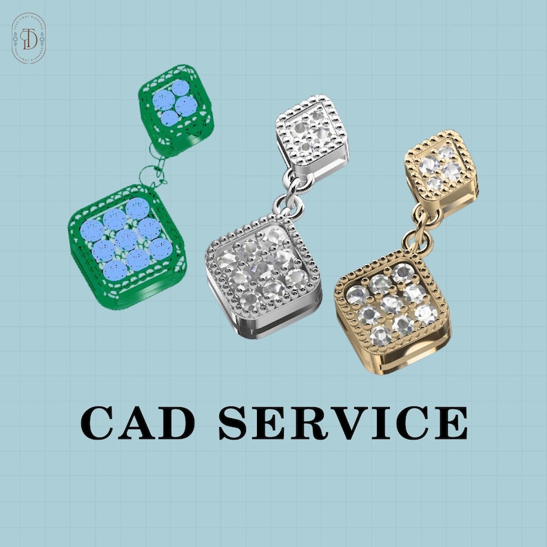 Op de afbeelding: Drie paar oorbellen met vierkante settings, elk met een andere metaalafwerking: groen, zilver en goud. Elke setting is versierd met kleine, heldere stenen. De tekst "CAD SERVICE" wordt onder de oorbellen weergegeven.