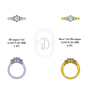 K&ouml;nnte beinhalten: Zwei verschiedene Ringe mit Hexagon-Schliff-Diamanten. Der obere Ring ist silber mit einem gr&ouml;&szlig;eren Hexagon-Diamanten und zwei kleineren Diamanten auf jeder Seite. Der untere Ring ist gold mit drei kleineren Hexagon-Diamanten. Der Text "Hexagon Cut 6.00*7.00 MM 1 PC" befindet sich unter dem oberen Ring und der Text "Rose Cut Hexagon 3.00*3.50 MM 2 PC" unter dem unteren Ring.