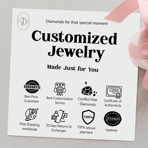 May include: A white card with black text that reads "Diamonds for that special moment Customized Jewelry Made Just for You". The card has nine icons with text describing the services offered, including free shipping, returns, conflict-free diamonds, and layaway.