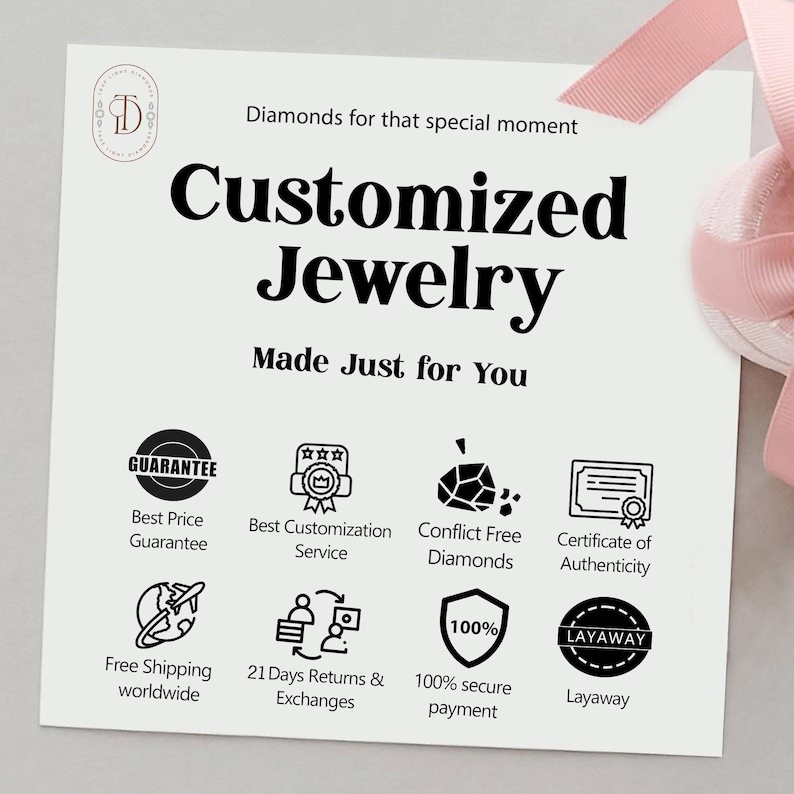 May include: A white card with black text that reads "Diamonds for that special moment Customized Jewelry Made Just for You". The card has nine icons with text describing the services offered, including free shipping, returns, conflict-free diamonds, and layaway.