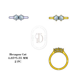 May include: A gold ring with two hexagon cut diamonds, each measuring 4.85 by 5.55 millimeters. The ring is set with two diamonds, totaling 2 pieces.