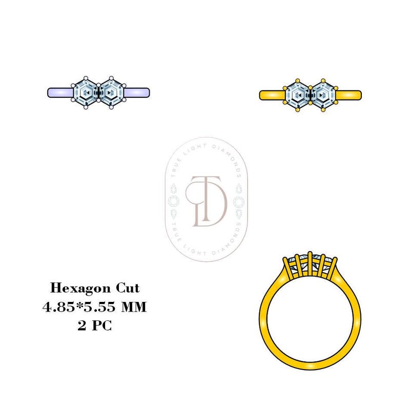 May include: A gold ring with two hexagon cut diamonds, each measuring 4.85 by 5.55 millimeters. The ring is set with two diamonds, totaling 2 pieces.